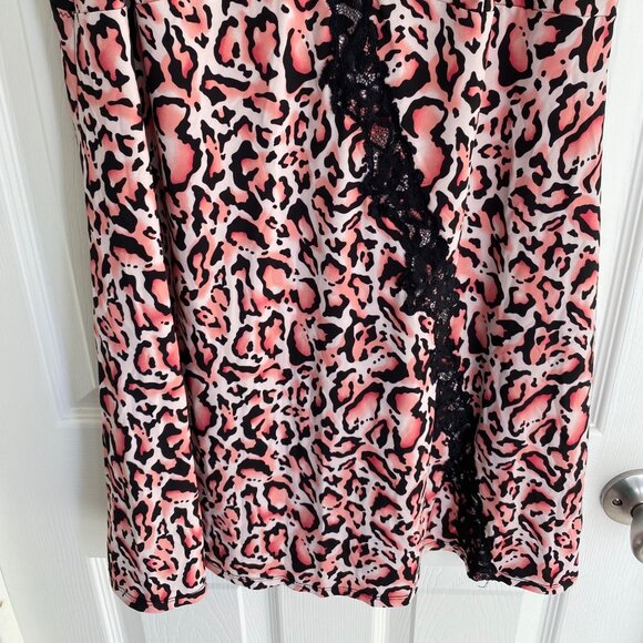 Delta Burke Womens Pink & Black Leopard Print Lace Trim Nightgown Slip Dress - Picture 4 of 8